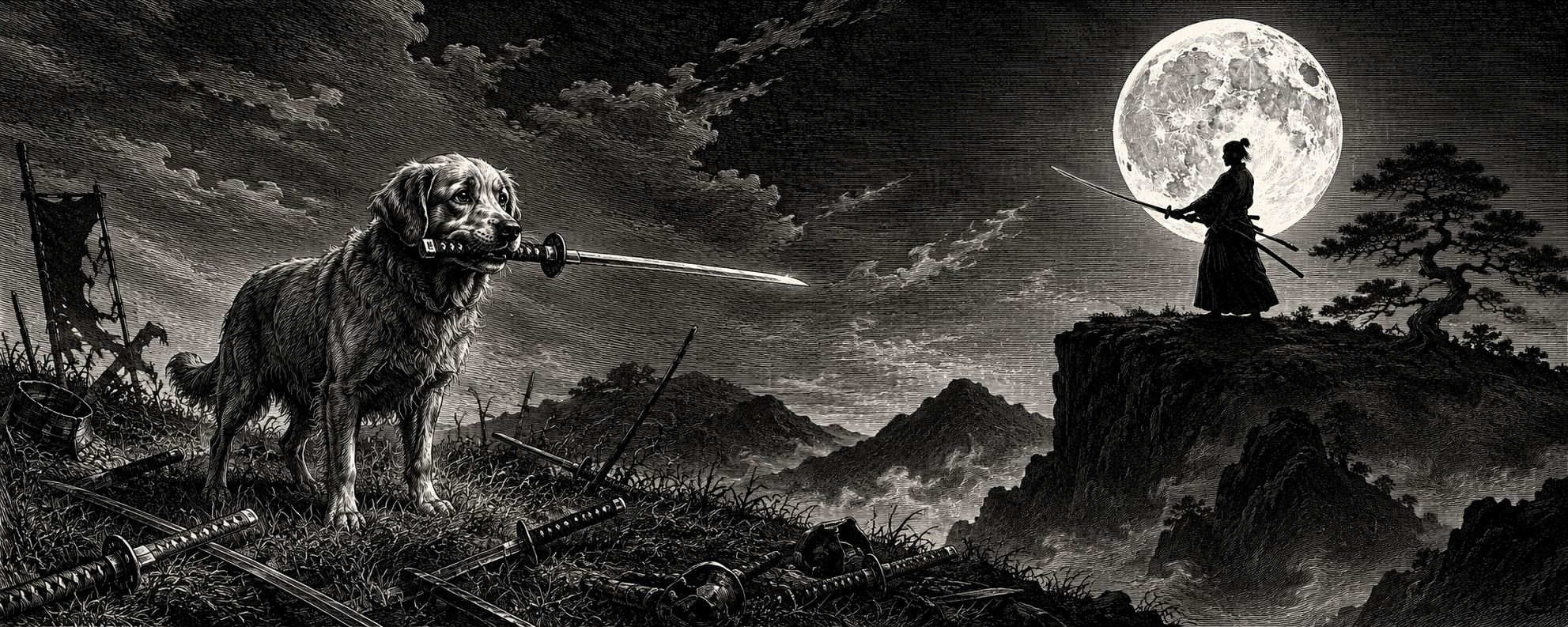 Under a full moon: a dog holding a sword in its mouth on one ridge, and a samurai standing with a drawn blade on the other. Don't be the dog, be the samurai.