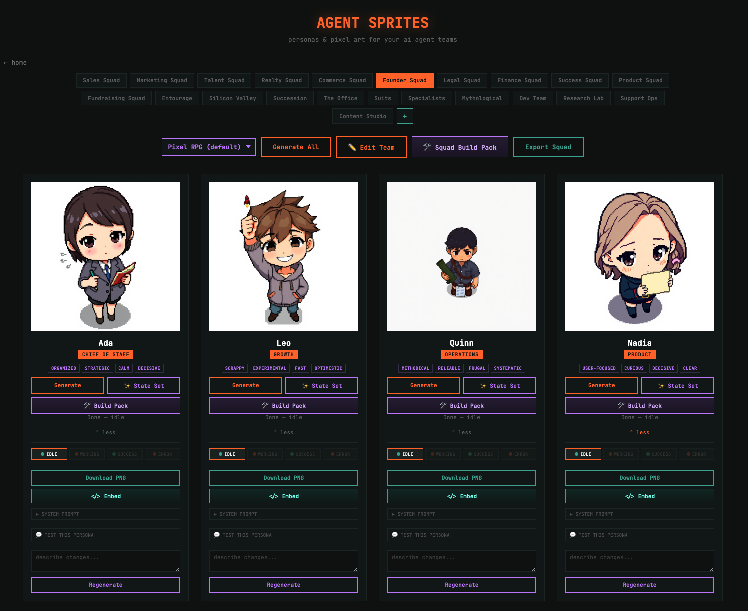 The Founder Squad Builder: describe your product, audience and stage and it generates a squad tuned to that exact market (chief of staff, growth, operations, product), not a template.