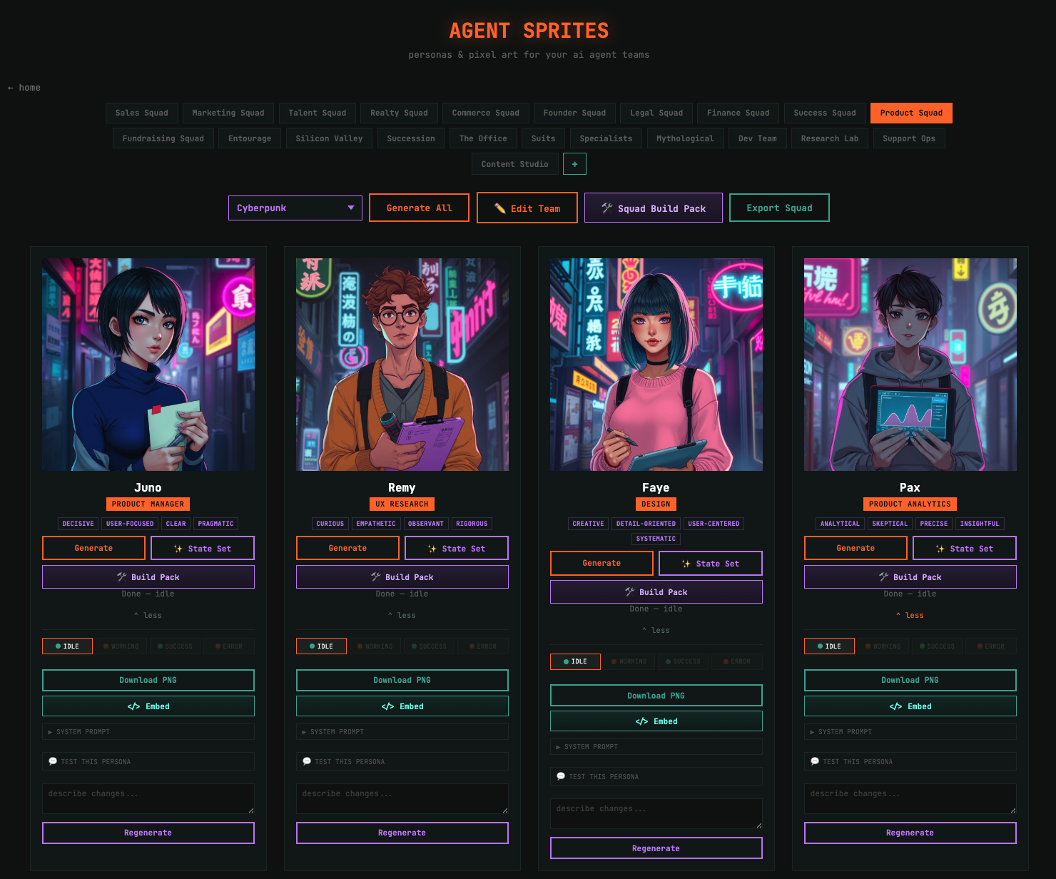 Pick a visual style and the whole squad re-renders. Here, a Product & Design squad in a cyberpunk style, each agent tagged with its role and traits.
