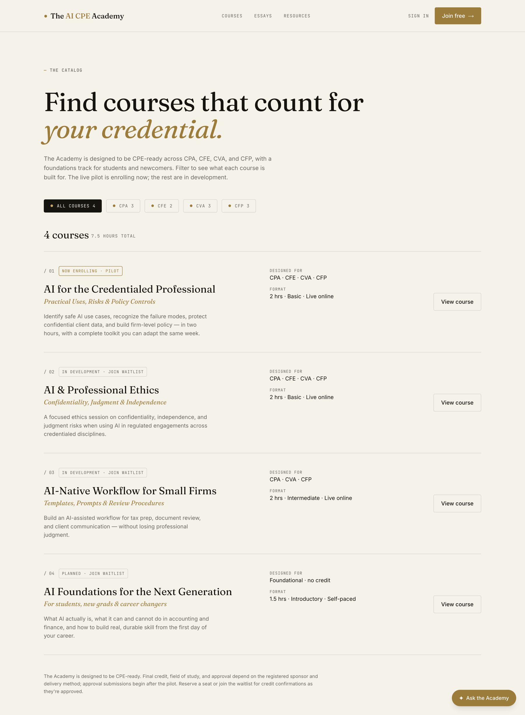 The catalog: courses mapped to the work CPAs, CFEs, CVAs, and CFPs actually do, each one labeled by level, format, and who it's built for
