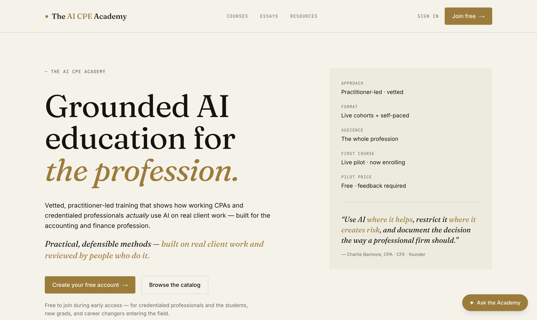 AI CPE Academy homepage: Grounded AI education for the profession
