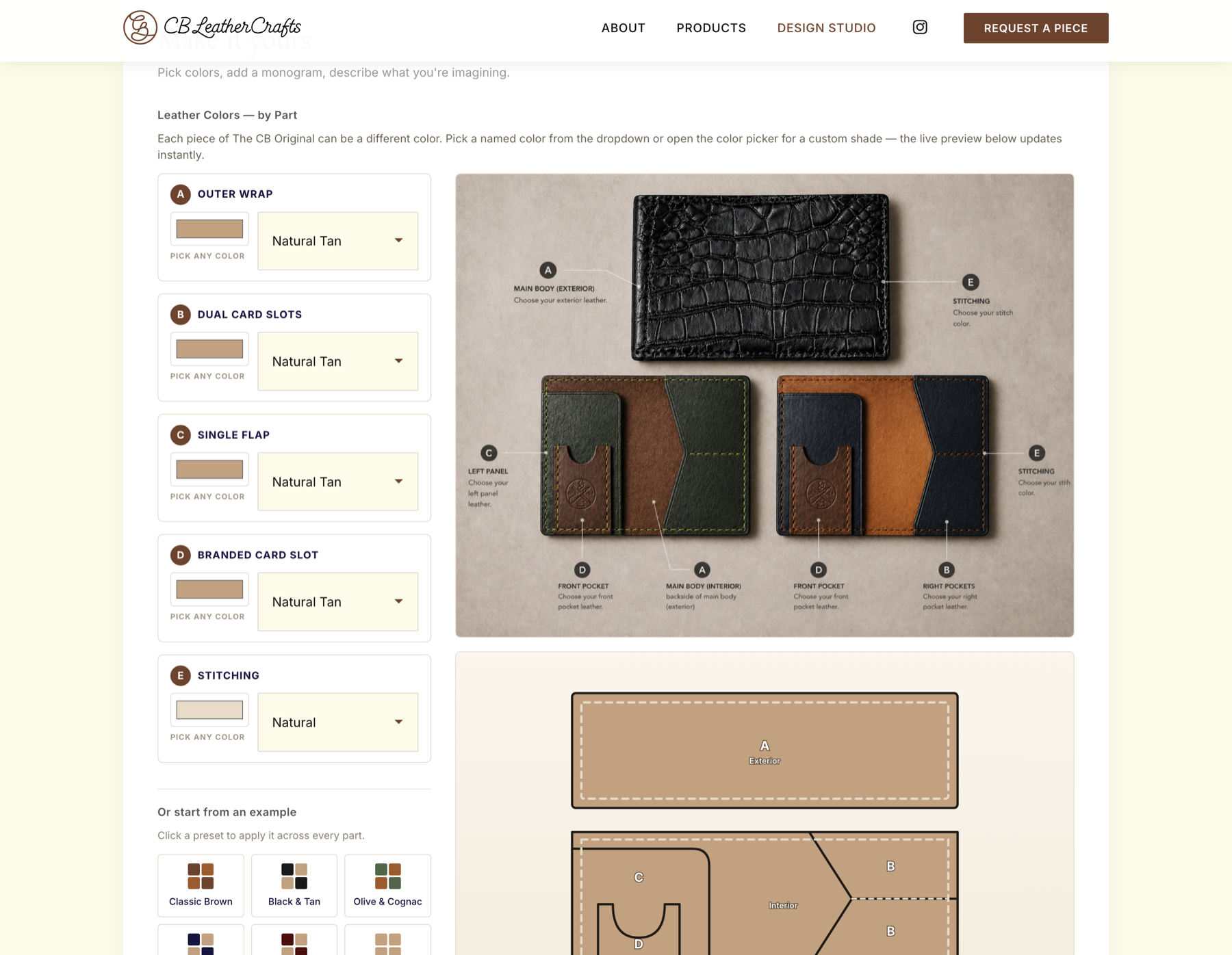 Customize by part: choose the leather and stitching for every panel, with a live preview and named or custom colors
