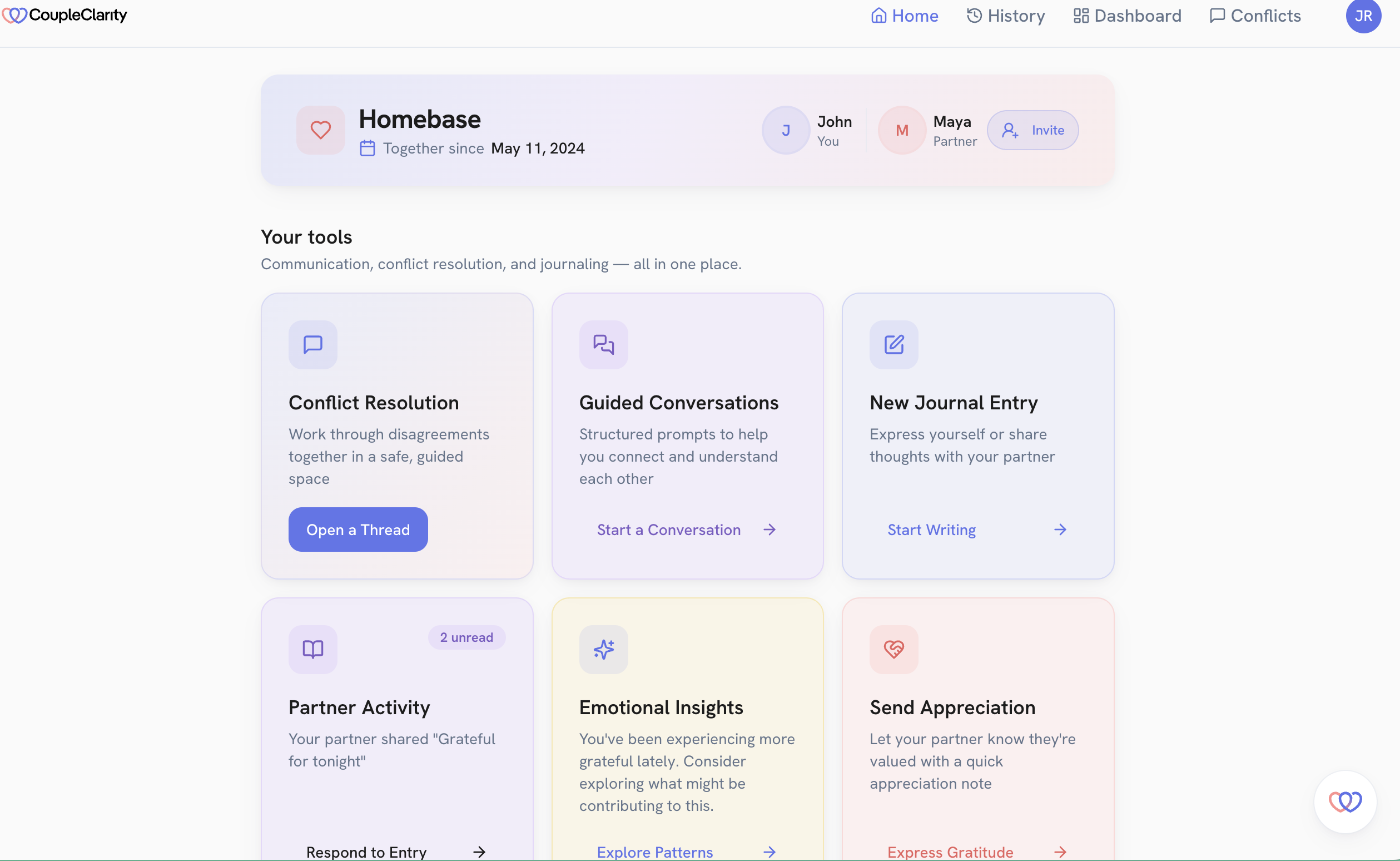 Inside the app: the shared Homebase dashboard a couple uses together, with conflict resolution, guided conversations, journaling, emotional insights, and a way to send appreciation.