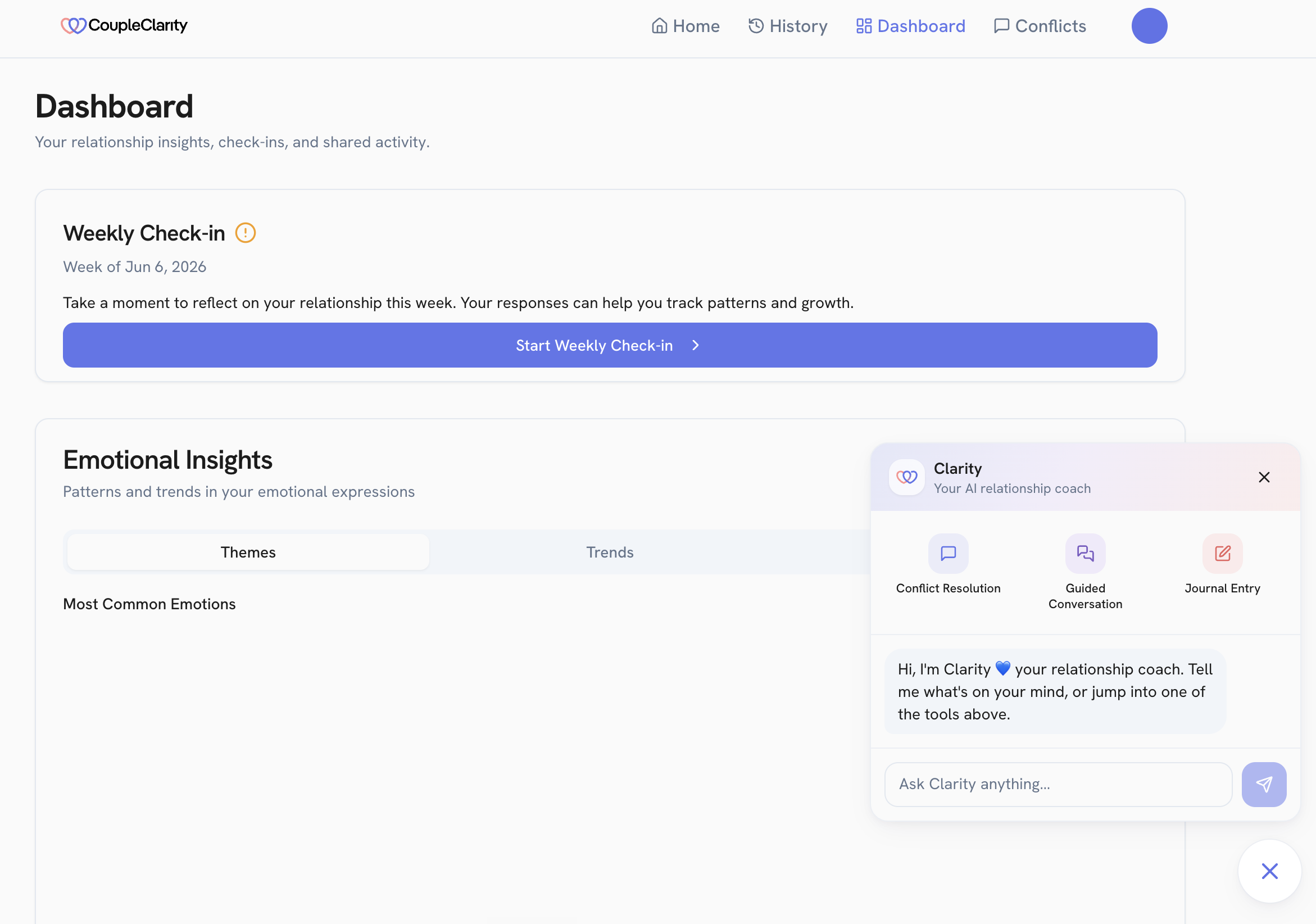 The dashboard and the coach: a weekly check-in that tracks patterns over time, emotional-insight themes and trends, and Clarity, the AI relationship coach, on call for conflict resolution, a guided conversation, or a journal entry.