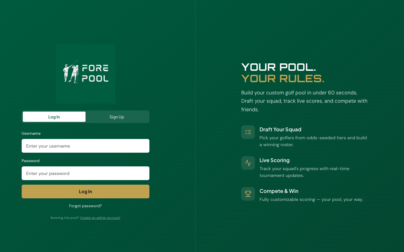 Your pool, your rules: draft your squad from odds-seeded tiers, track live scores, and run fully customizable scoring, on web or in the app.