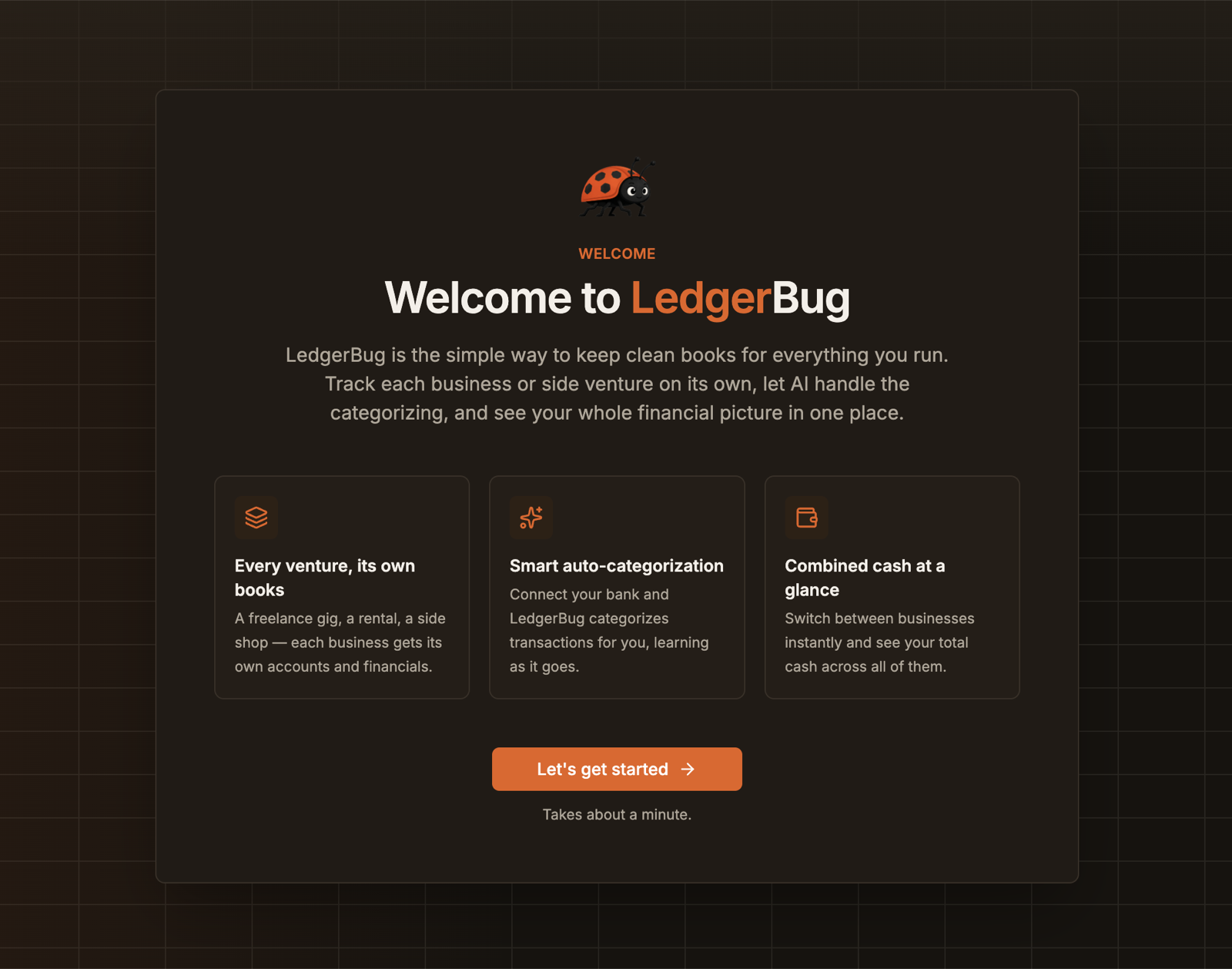 LedgerBug welcome screen: the simple way to keep clean books for everything you run
