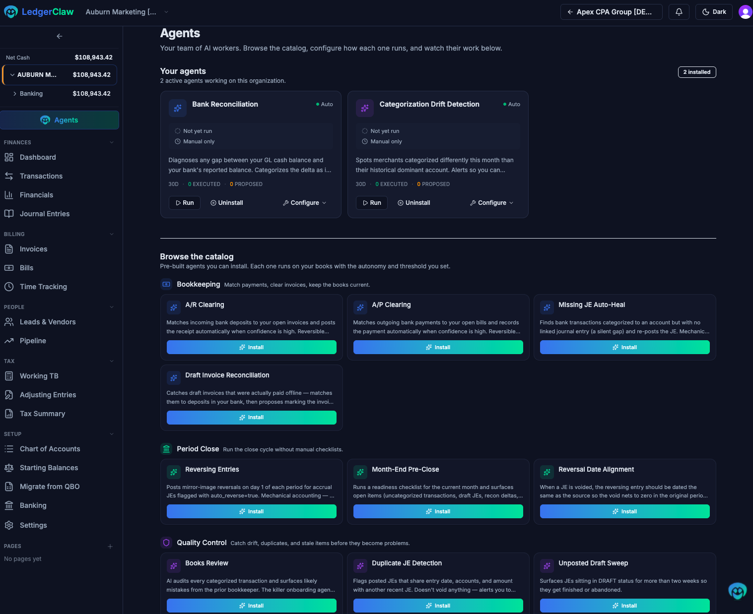 LedgerClaw Agents: a catalog of installable AI workers for a CPA firm. Bank Reconciliation and Categorization Drift Detection are already active, with Bookkeeping (A/R & A/P clearing, missing-JE auto-heal), Period Close, and Quality Control agents ready to install