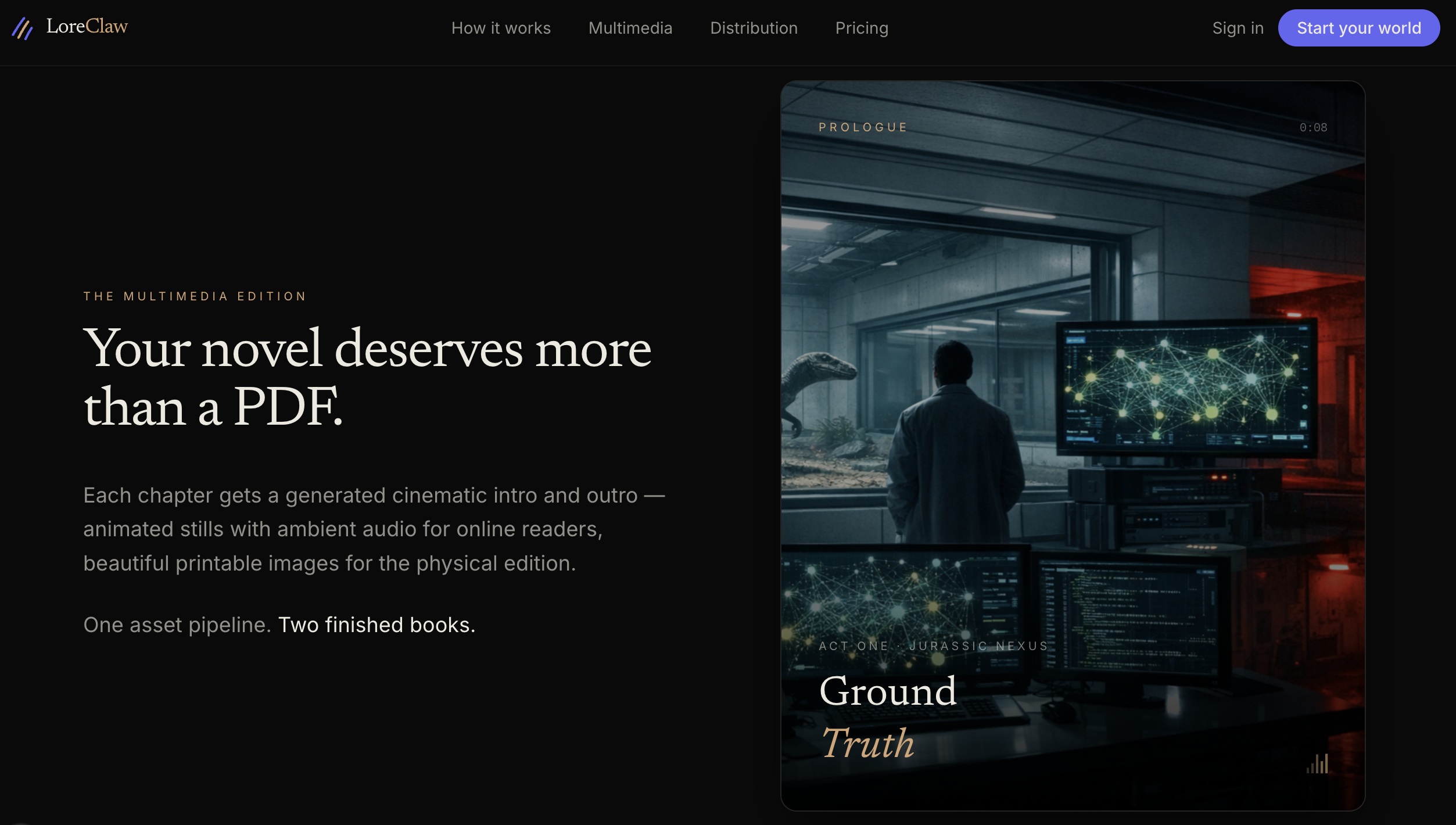 The multimedia edition: every chapter gets a generated cinematic intro and outro, animated stills with ambient audio. Here, the Jurassic Nexus prologue, 'Ground Truth.'