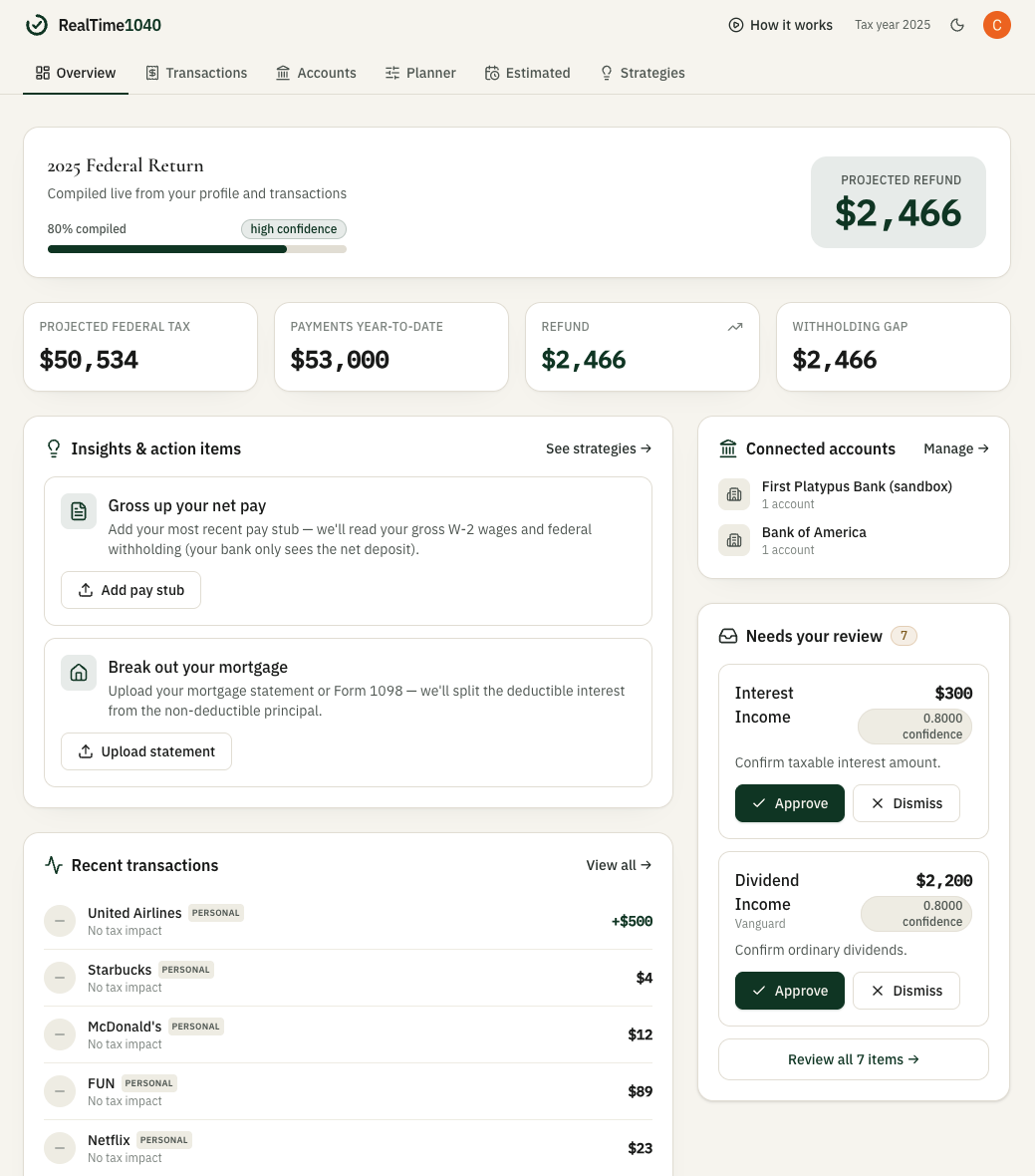RealTime1040 Overview: a 2025 federal return compiled live from your profile and transactions, 80 percent compiled at high confidence, with a projected refund, KPI cards for projected federal tax, payments year-to-date, refund, and withholding gap, insight cards to gross up net pay and break out a mortgage, a 'needs your review' queue, and connected bank accounts.