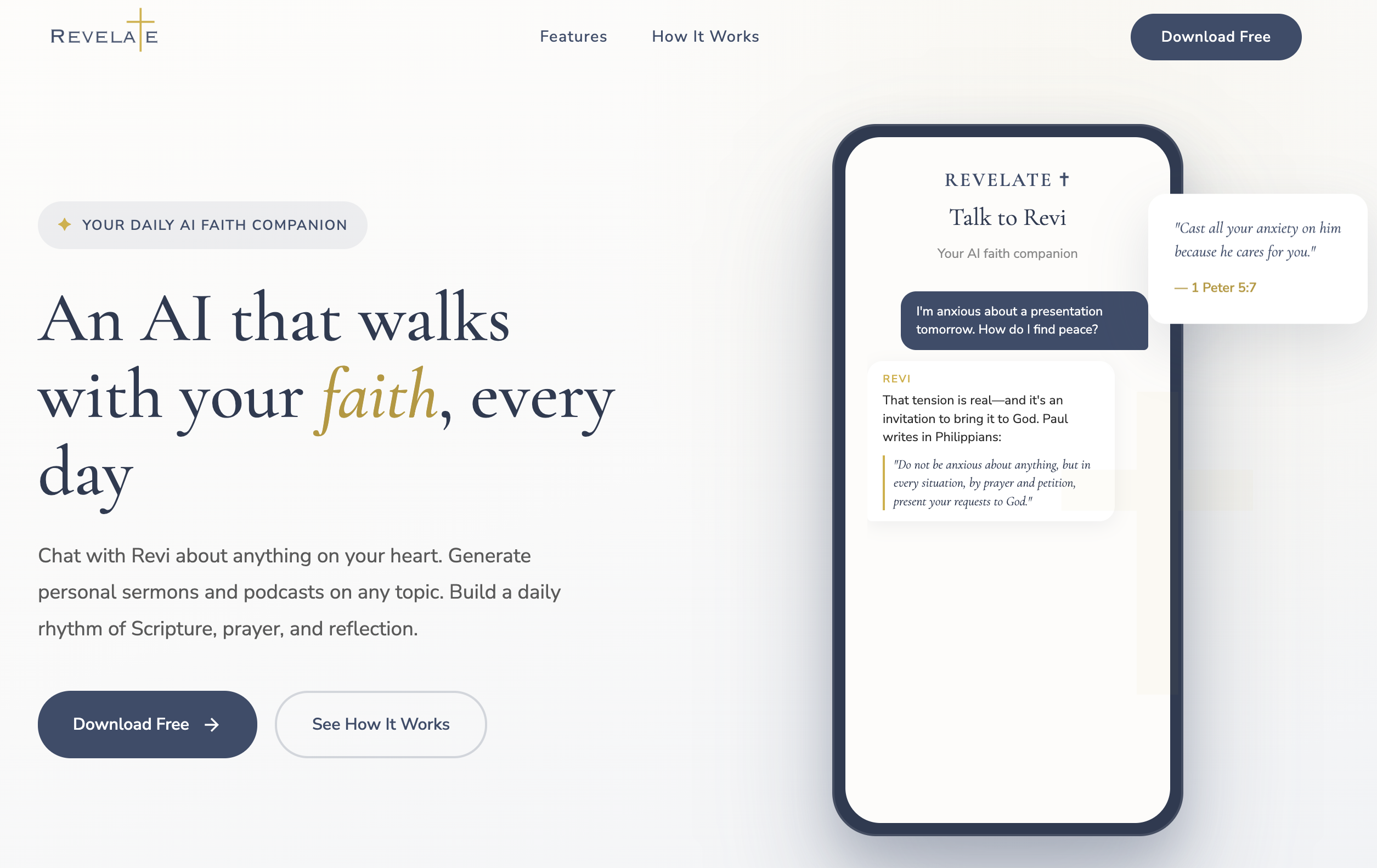 Revelate website, an AI that walks with your faith, every day: a phone shows the Talk to Revi chat, where someone asks how to find peace before a presentation and Revi answers with Scripture (Philippians, and 1 Peter 5:7). Chat with Revi about anything on your heart, generate personal sermons and podcasts, and build a daily rhythm of Scripture, prayer, and reflection.